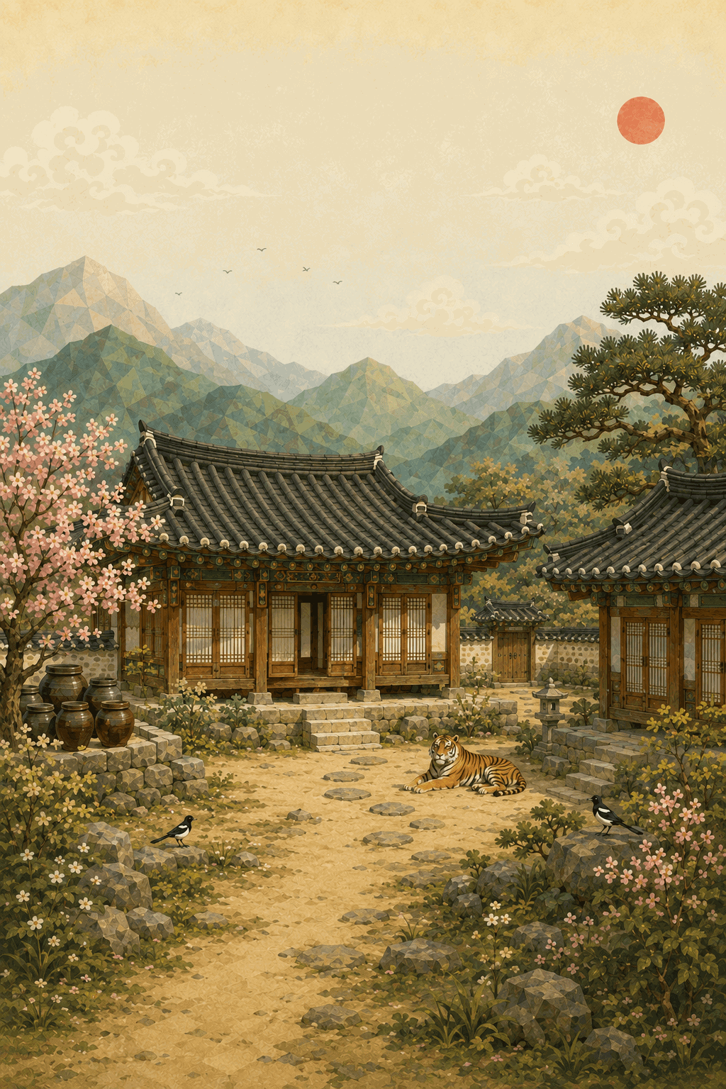 Hanok courtyard with a tiger and magpies